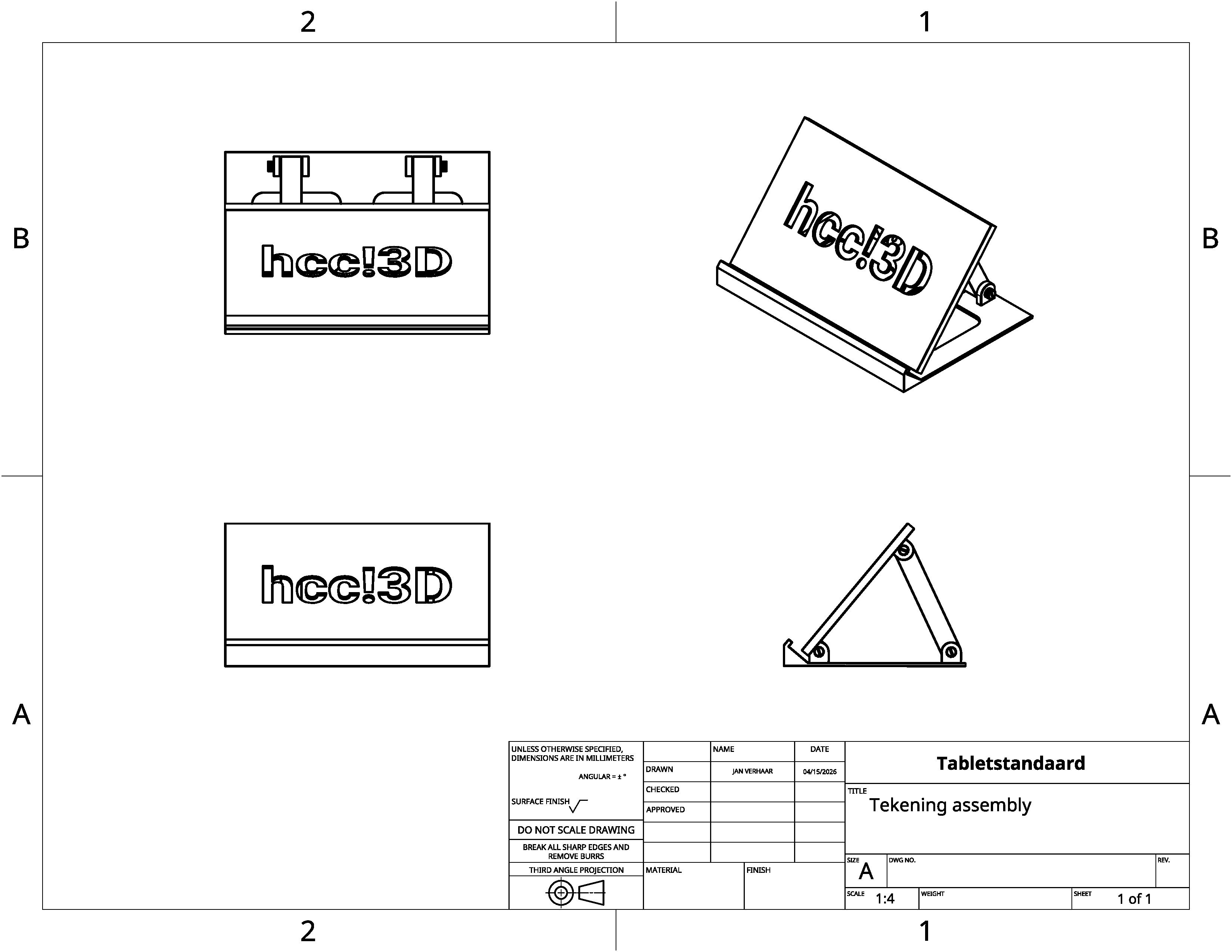 Tekening assembly Tablethouder